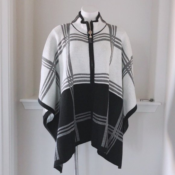 Anne Klein Cape Poncho Sweater Turtleneck Plaid Blk White Size L, New w/Tag $149 - Picture 8 of 11